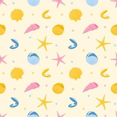Seamless pattern with starfish, nautilus, seashells and pearls. Marine animals. Vector illustration in a flat cartoon style on a beige background. For summer, beach textiles and accessories.