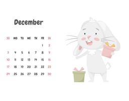 Calendar page for the month of December 2023 with a cute happy rabbit holding gift boxes. Adorable animal, a character in pastel colors. Children's calendar. Vector illustration on a white background.
