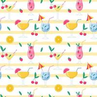 Summer seamless pattern with bright cocktails, cold drinks with fruits and berries, cherries, raspberries, oranges.Vector illustrations in flat cartoon style on a background of yellow texture stripes. vector