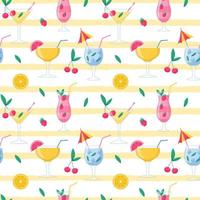 Summer seamless pattern with bright cocktails, cold drinks with fruits and berries, cherries, raspberries, oranges.Vector illustrations in flat cartoon style on a background of yellow texture stripes. vector