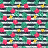 Summer seamless pattern with leaves of monstera, palm, pink and yellow flowers, hibiscus. Bright botanical vector illustrations in a flat cartoon style on a background with dark texture stripes.