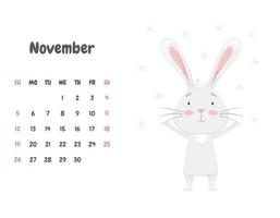 The calendar page for the month of November 2023 with a cute smiling rabbit, rejoicing in the flying snowflakes. Adorable animal, character in pastel colors. Vector illustration on a white background