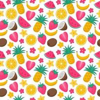 Bright summer seamless pattern with exotic, tropical fruits, berries and flowers. Coconut, pineapple, watermelon, strawberry. Vector illustrations in a flat cartoon style on a white background.