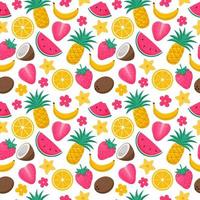 Bright summer seamless pattern with exotic, tropical fruits, berries and flowers. Coconut, pineapple, watermelon, strawberry. Vector illustrations in a flat cartoon style on a white background.