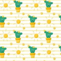 Seamless pattern with a cute blooming cactus, a character with glasses, the sun and flowers. Summer vector illustrations in a flat cartoon style on a white background with yellow texture stripes.