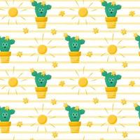 Seamless pattern with a cute blooming cactus, a character with glasses, the sun and flowers. Summer vector illustrations in a flat cartoon style on a white background with yellow texture stripes.