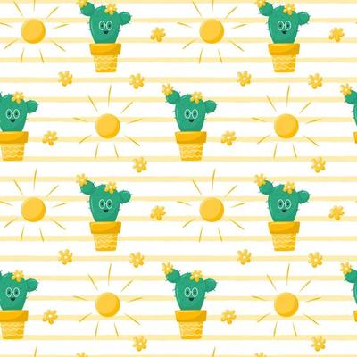 Seamless pattern with a cute blooming cactus, a character with glasses, the sun and flowers. Summer vector illustrations in a flat cartoon style on a white background with yellow texture stripes.