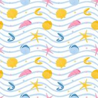 Seamless pattern with starfish, nautilus, seashells and pearls. Marine animals. Vector illustration in a flat cartoon style on a white background with blue texture waves.For summer, beach accessories