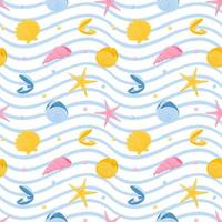 Seamless pattern with starfish, nautilus, seashells and pearls. Marine animals. Vector illustration in a flat cartoon style on a white background with blue texture waves.For summer, beach accessories