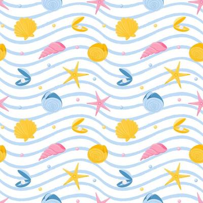 Seamless pattern with starfish, nautilus, seashells and pearls. Marine animals. Vector illustration in a flat cartoon style on a white background with blue texture waves.For summer, beach accessories