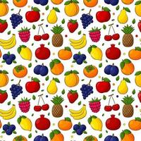 Bright juicy summer fruit seamless pattern. Hand-drawn fruit with an outline. A set of fruits and berries. For summer textiles, food packaging, napkins. Color vector illustration on a white background