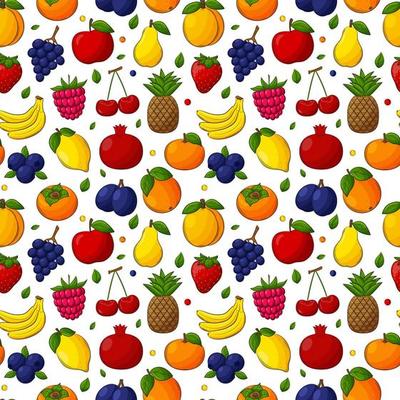 Bright juicy summer fruit seamless pattern. Hand-drawn fruit with an outline. A set of fruits and berries. For summer textiles, food packaging, napkins. Color vector illustration on a white background