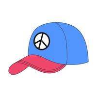 A cap with a peace symbol. Baseball cap, hat, headware. Youth clothing item. A flat icon with an outline. Color vector illustration isolated on a white background.