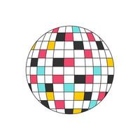 Disco ball. Disco equipment with mirrored and colored elements reflecting light. Retro decorative element. A flat icon with an outline. Color vector illustration isolated on a white background.