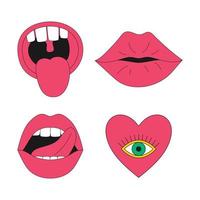 Set with mouths, lips and tongue. He shows his tongue and teeth sticking out, his mouth slightly open. A symbol with a heart and an open eye. A vector illustration with an outline, isolated on white.