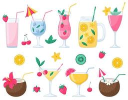 un conjunto de cócteles de verano con frutas y bayas. bebidas refrescantes frías. brillantes ilustraciones vectoriales de verano en un estilo de dibujos animados planos. Aislado en un fondo blanco. vector