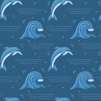 patrón impecable con mar, olas oceánicas y lindos delfines buceadores. elemento marino y animal acuático. para el verano, textiles de playa. ilustración vectorial en un estilo de dibujos animados planos sobre un fondo azul oscuro. vector