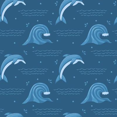 Seamless pattern with sea, ocean wave and cute diving dolphin. Sea element and aquatic animal. For summer, beach textiles. Vector illustration in a flat cartoon style on a dark blue background.