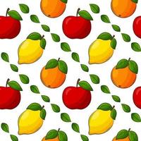Bright juicy summer fruit seamless pattern. Hand-drawn fruit with an outline. Lemon, orange, apple. For summer textiles, food packaging, napkins. Color vector illustration on a white background.