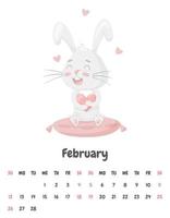 Calendar page for the month of February 2023 with a cute rabbit sitting on a pink pillow and holding a heart.Valentine's Day. Adorable animal, character in pastel colors. Vector illustration on white.