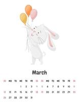 The calendar page for the month of March 2023 with a cute smiling rabbit holding festive balloons in its paws. Adorable animal, a character in pastel colors. Vector illustration on a white background