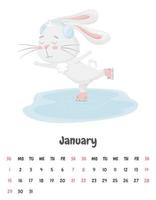 Calendar page for the month of January 2023 with a cute rabbit skating on an ice rink wearing headphones. Adorable animal, a character in pastel colors. Vector illustration on a white background