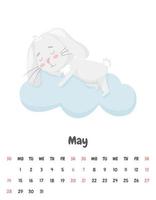 Calendar page for the month of May 2023 with a cute smiling rabbit sleeping on a cloud. Adorable animal, a character in pastel colors. Children's calendar. Vector illustration on a white background.