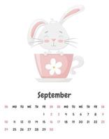 Calendar page for the month of September 2023 with a cute funny rabbit sitting in a teacup. Adorable animal, a character in pastel colors.Children's calendar. Vector illustration on a white background