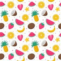 Bright summer seamless pattern with exotic, tropical fruits, berries and flowers. Orange, pineapple, watermelon, banana. Vector illustrations in a flat cartoon style on a white background.