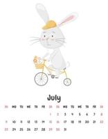 Calendar page for the month of July 2023 with a cute smiling rabbit riding a bicycle with a basket of flowers. Adorable animal, a character in pastel colors. Vector illustration on a white background.