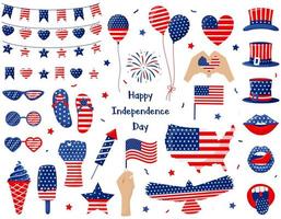un conjunto de elementos para celebrar el día de la independencia de los estados unidos. símbolos patrios en colores de la bandera americana. 4 de julio. para tarjetas de felicitación, estampado de camisetas, diseño web. ilustración vectorial en blanco.