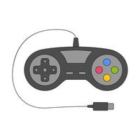 Vintage gamepad, joystick for playing video games. Retro equipment with a wire for the game. The symbol of the 90s. Nostalgia for the old days.Color vector illustration isolated on a white background.