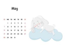 página de calendario para el mes de mayo de 2023 con un lindo conejo sonriente durmiendo en una nube. adorable animal, un personaje en colores pastel. calendario infantil. ilustración vectorial sobre un fondo blanco. vector