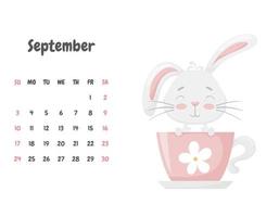 Calendar page for the month of September 2023 with a cute funny rabbit sitting in a teacup. Adorable animal, a character in pastel colors.Children's calendar. Vector illustration on a white background