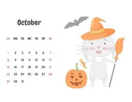 Calendar page for October 2023 with a cute smiling rabbit in a hat, with a broom and a Halloween pumpkin. Adorable animal, character in pastel colors. Children's calendar. Vector illustration on white