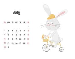 página de calendario para el mes de julio de 2023 con un lindo conejo sonriente montando una bicicleta con una canasta de flores. adorable animal, un personaje en colores pastel. ilustración vectorial sobre un fondo blanco. vector