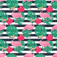 Summer seamless pattern with pink flamingo in a crown and sunglasses, monstera leaves, hibiscus flowers. Bright vector illustrations in a flat cartoon style on a background with dark texture stripes.