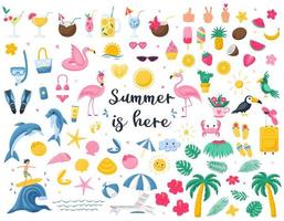 A large collection of bright summer design elements. Cocktails, botany, animals, beach accessories, tropical fruits, sweet food. Cute vector illustrations in Flat cartoon style isolated on white.