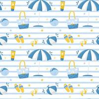 patrón sin costuras de verano con una sombrilla de playa, una bolsa, una pelota, chanclas y una concha. lindas ilustraciones de vectores de playa en un estilo de dibujos animados planos sobre un fondo blanco con rayas de textura azul.