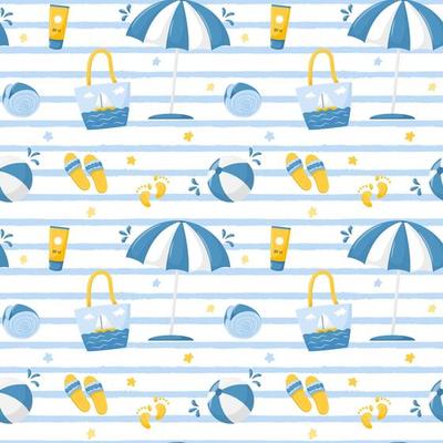 Summer seamless pattern with a beach umbrella, bag, ball, flip-flops and a shell. Cute beach vector illustrations in a flat cartoon style on a white background with blue texture stripes.