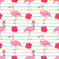 Summer seamless pattern with cute pink flamingos in a crown and pink glasses and hibiscus flowers. Bright vector illustrations in a flat cartoon style on white background with colored texture stripes.