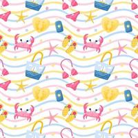 Summer seamless pattern with crab, beach accessories, bag, swimsuit and sunscreen, flip-flops. Bright vector illustrations in a flat cartoon style on a white background with colored texture waves.