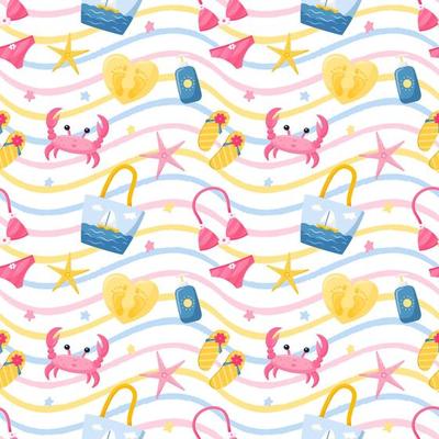 Summer seamless pattern with crab, beach accessories, bag, swimsuit and sunscreen, flip-flops. Bright vector illustrations in a flat cartoon style on a white background with colored texture waves.