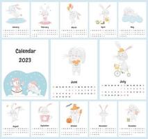 concepto de calendario infantil para 2023 con un lindo personaje de conejito. todas las páginas. un conjunto con un animal adorable, conejos en colores pastel. fuente libre usada. ilustraciones vectoriales sobre un fondo blanco. vector