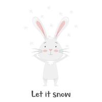 lindo conejo sonriente, disfrutando de los copos de nieve voladores. deja que nieve. diversión de invierno adorable animal, personaje en colores pastel. para tarjetas, ropa, estampado de camisetas. ilustración vectorial aislado en blanco vector