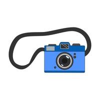 Vintage camera for with a strap. The symbol of the 90s. Retro photo camera. A flat icon with an outline. Color vector illustration isolated on a white background.