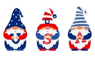 los gnomos patrióticos con gorras en los colores de la bandera estadounidense sostienen las letras usa en sus manos. los gnomos celebran el día de la independencia, el 4 de julio. para tarjeta de felicitación, estampado de camiseta. ilustración vectorial en blanco. vector