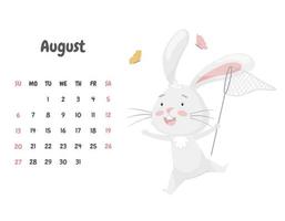 Calendar page for the month of August 2023 with a cute funny rabbit catching butterflies with a net. Adorable animal, a character in pastel colors. Children's calendar. Vector illustration on white.