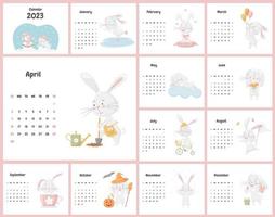 All pages of the calendar for 2023 with a cute rabbit character, the Chinese symbol of the year. A set of illustrations with a children's character in pastel colors. Vector on a white background.