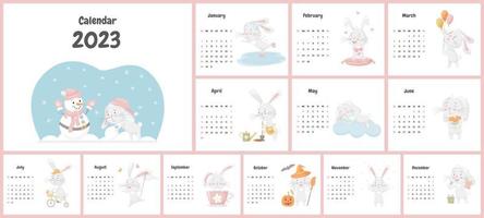 Concept of children's calendar for 2023 with a cute bunny character. All pages. A set with a adorable animal, rabbits in pastel colors. Used free font. Vector illustrations on a white background.